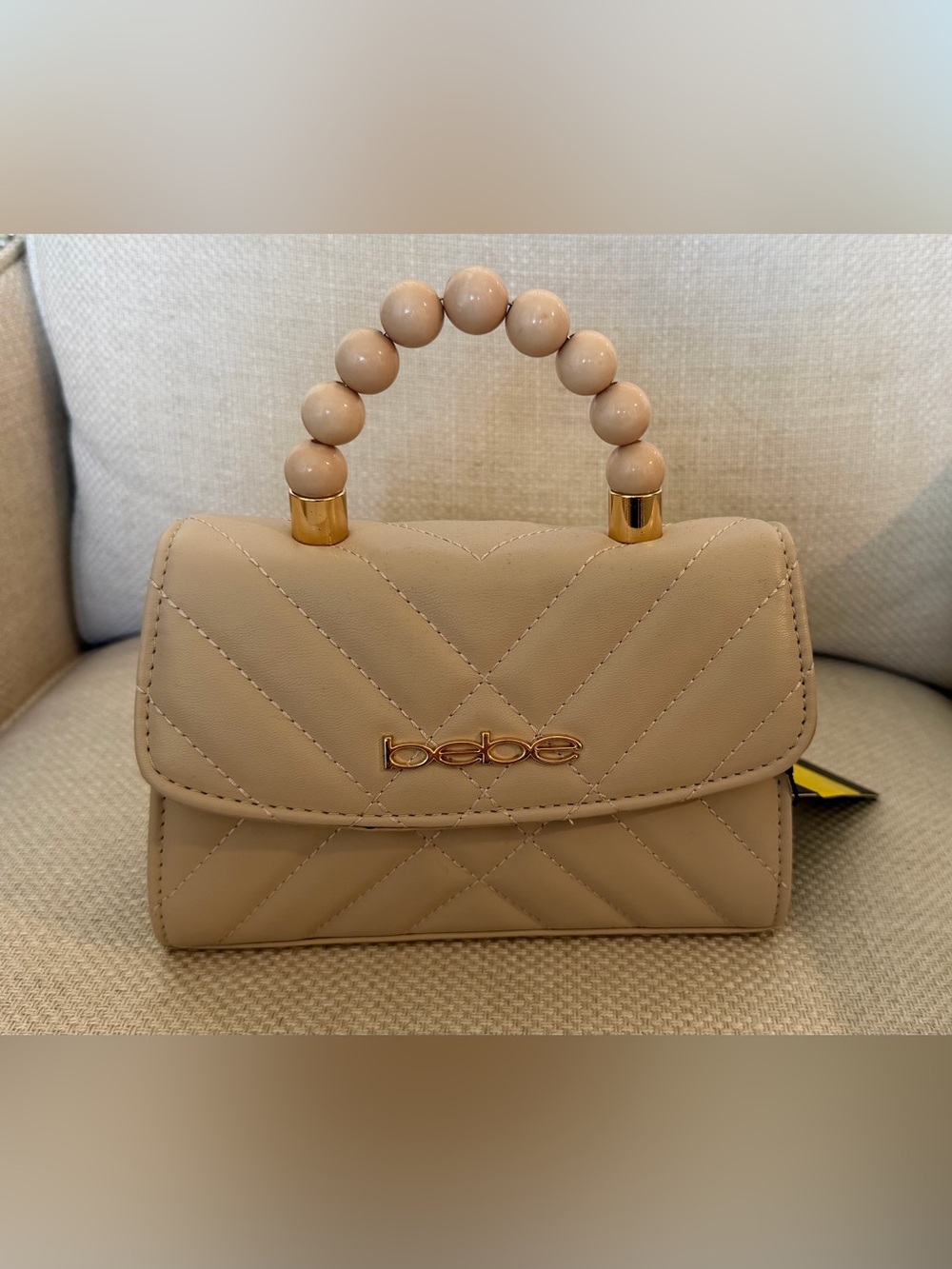 bebe Quilted Mini Satchel in Beige with Beaded Handle